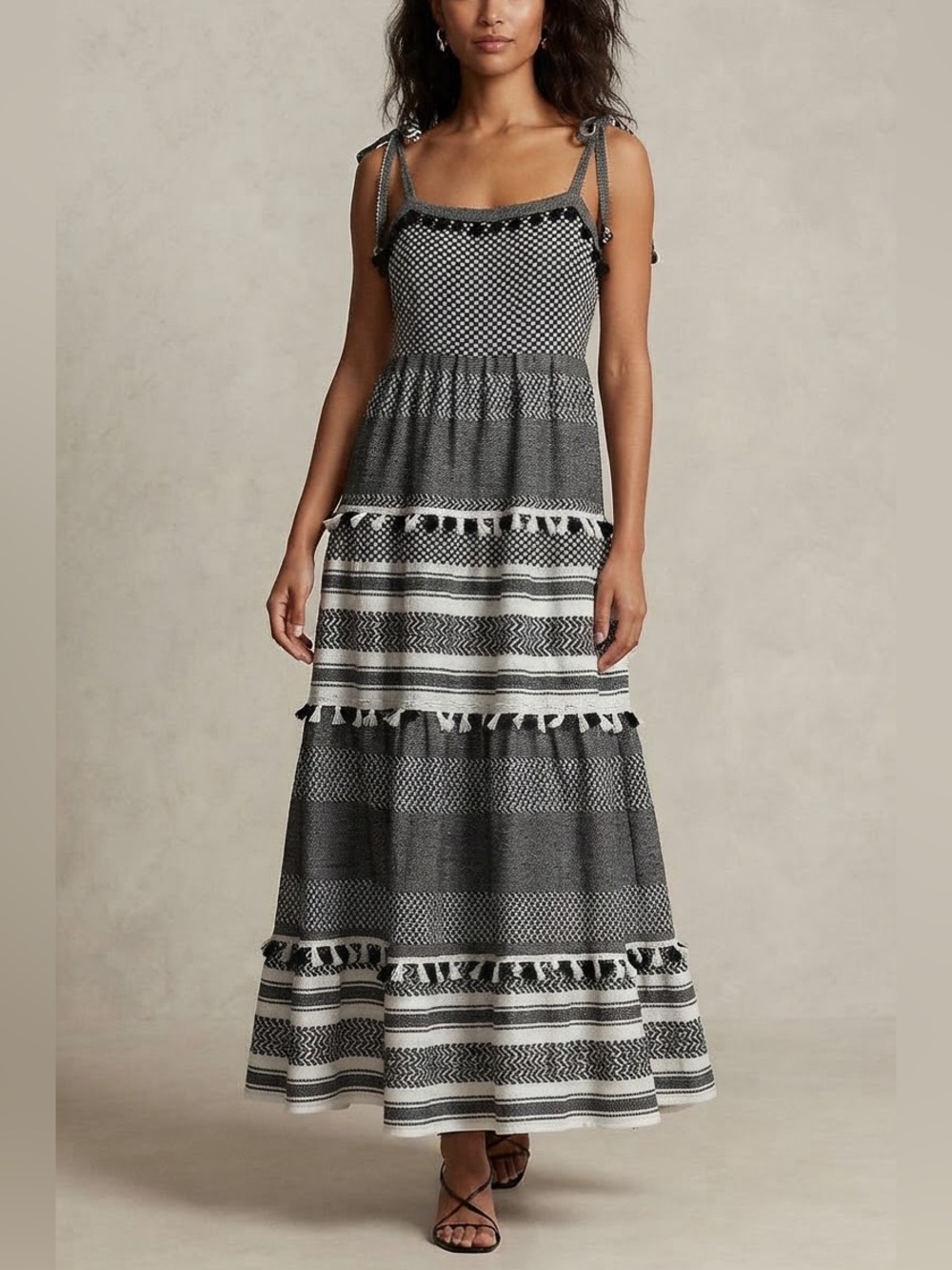 Crown & Ivy Boho Tiered Midi Maxi Dress Black White Geometric Tassel Straps XL